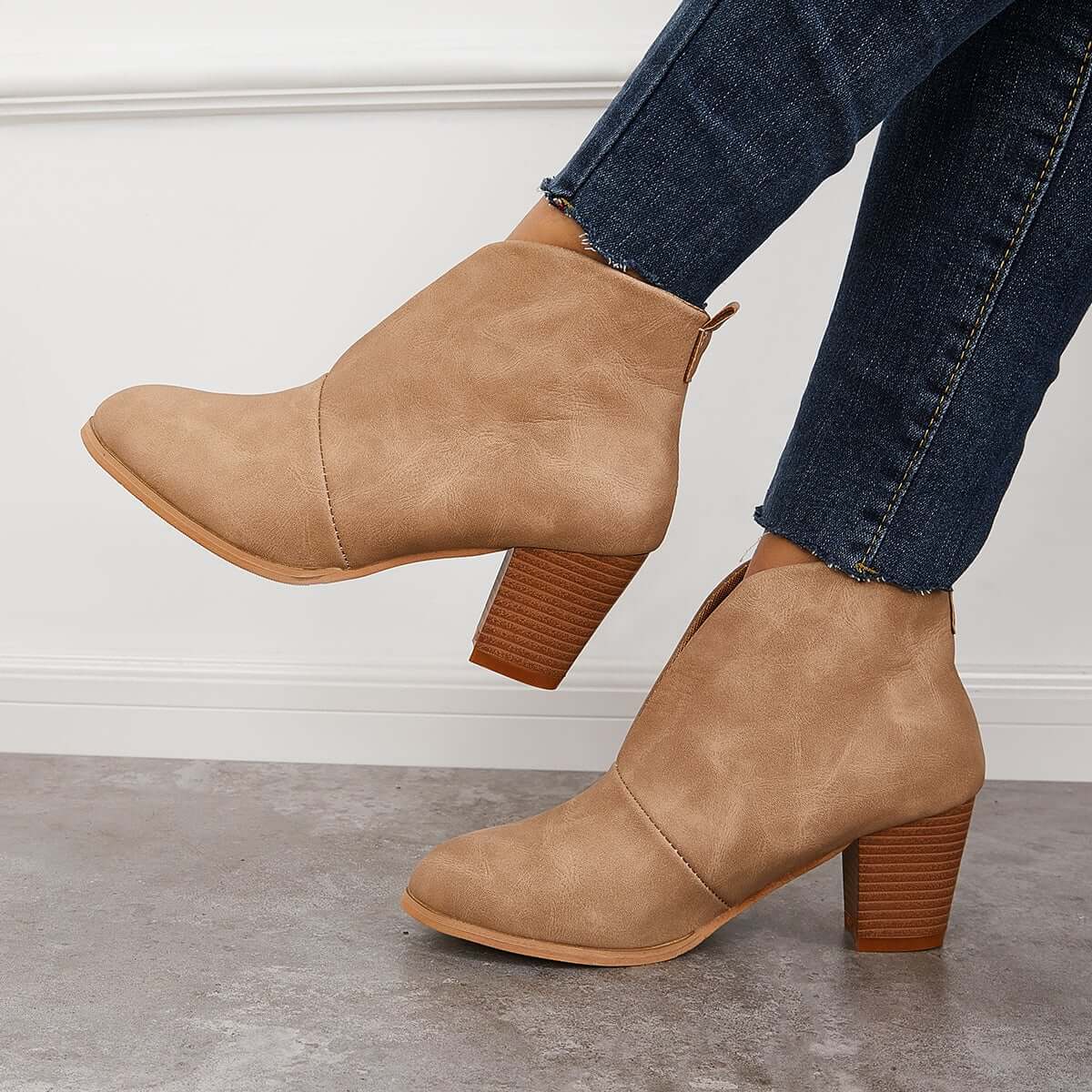 Suisecloths Retro Western V Cut Ankle Boots Slip On Chunky Stacked Heel Booties