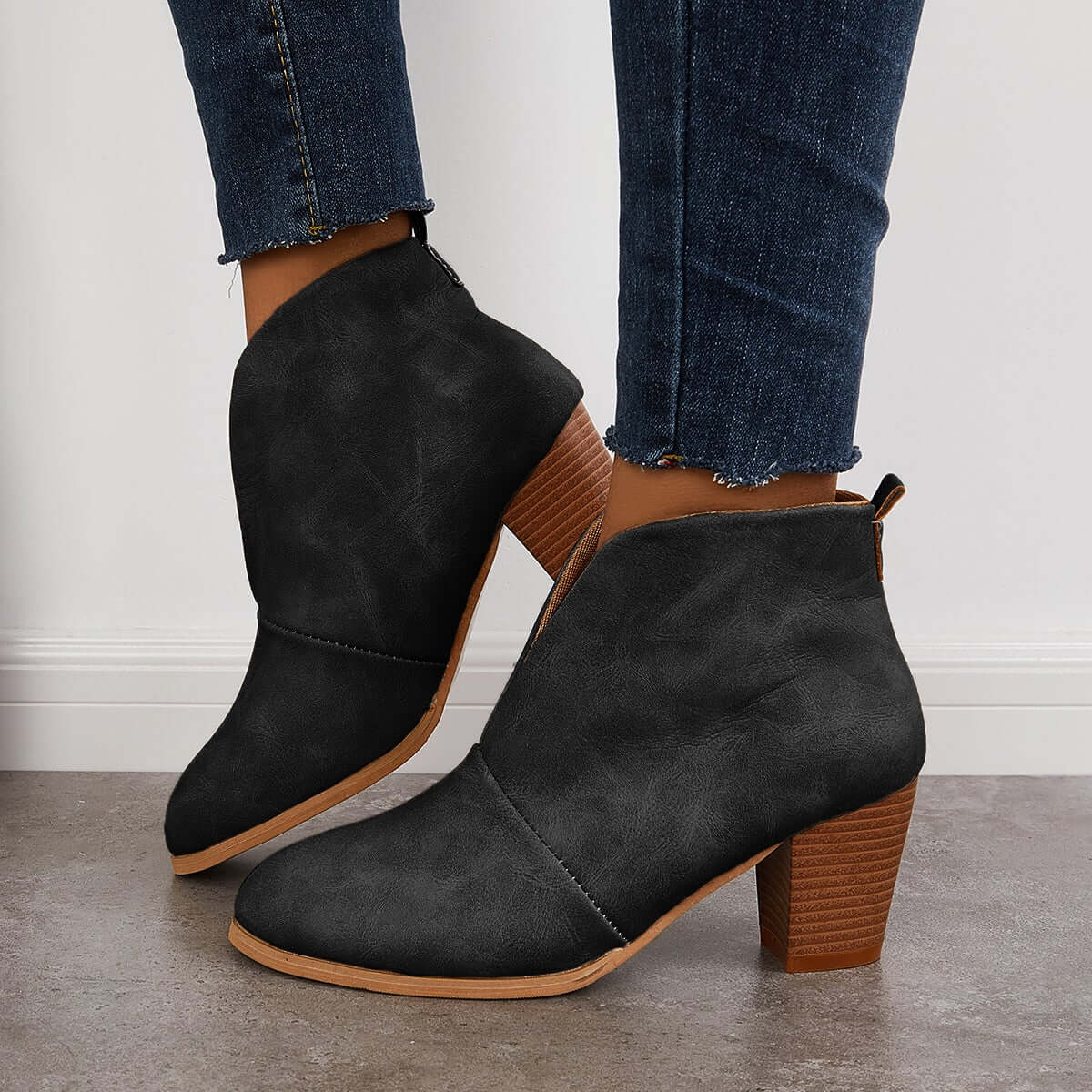 Suisecloths Retro Western V Cut Ankle Boots Slip On Chunky Stacked Heel Booties