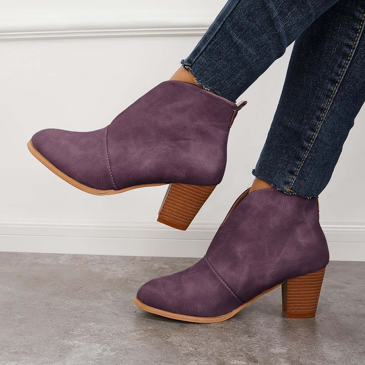 Suisecloths Retro Western V Cut Ankle Boots Slip On Chunky Stacked Heel Booties