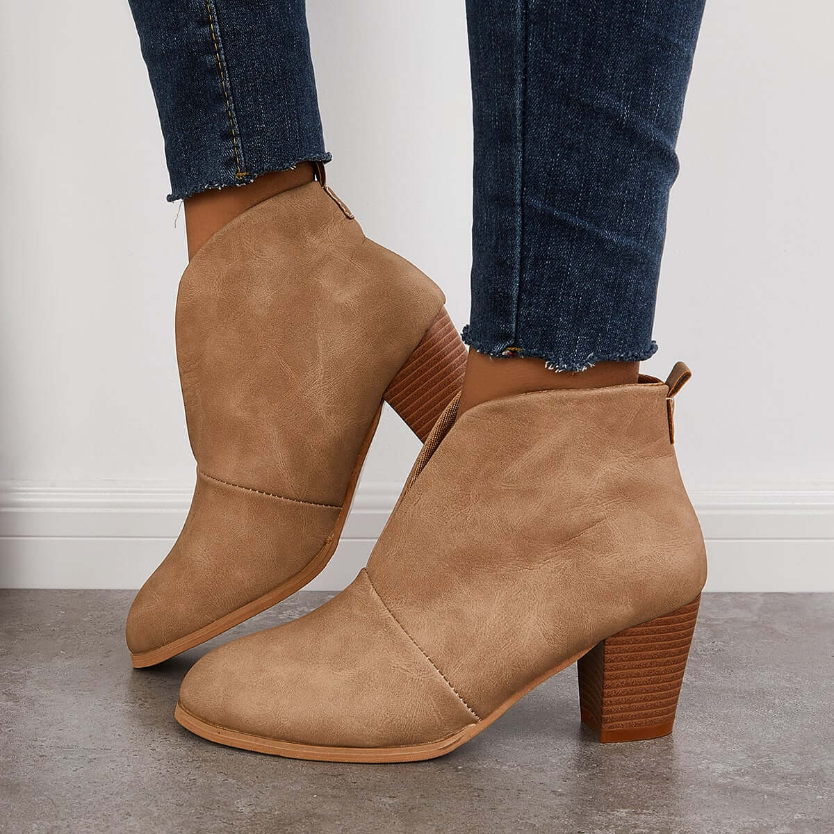 Suisecloths Retro Western V Cut Ankle Boots Slip On Chunky Stacked Heel Booties