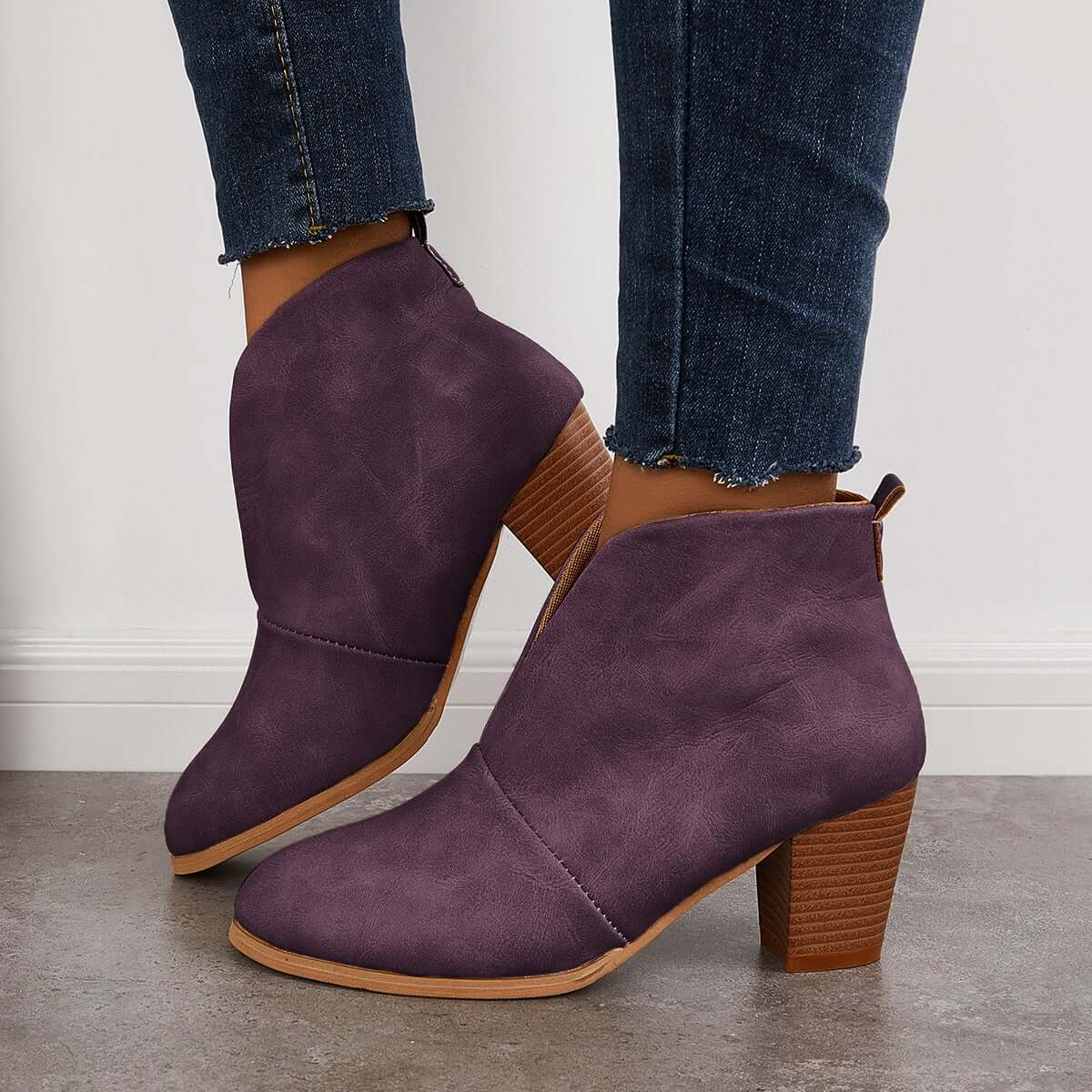 Suisecloths Retro Western V Cut Ankle Boots Slip On Chunky Stacked Heel Booties