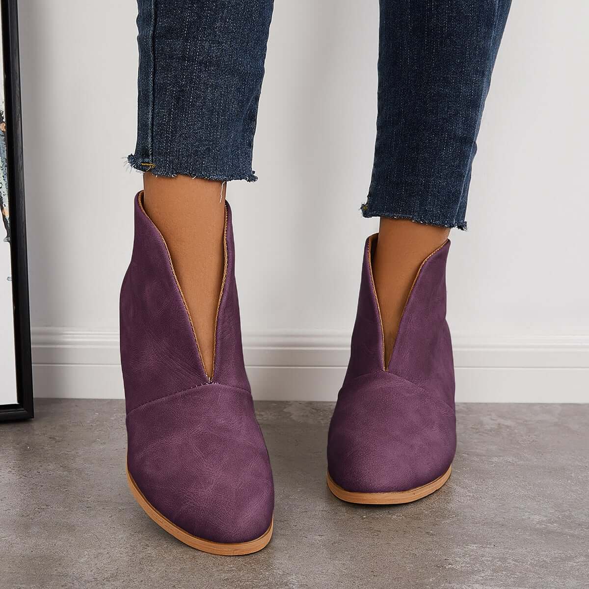 Suisecloths Retro Western V Cut Ankle Boots Slip On Chunky Stacked Heel Booties