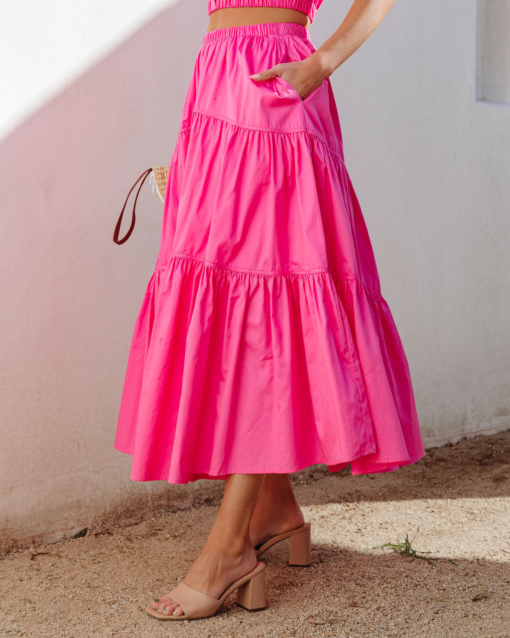 Sunny Meadow Tiered Midi Skirt - Hot Pink