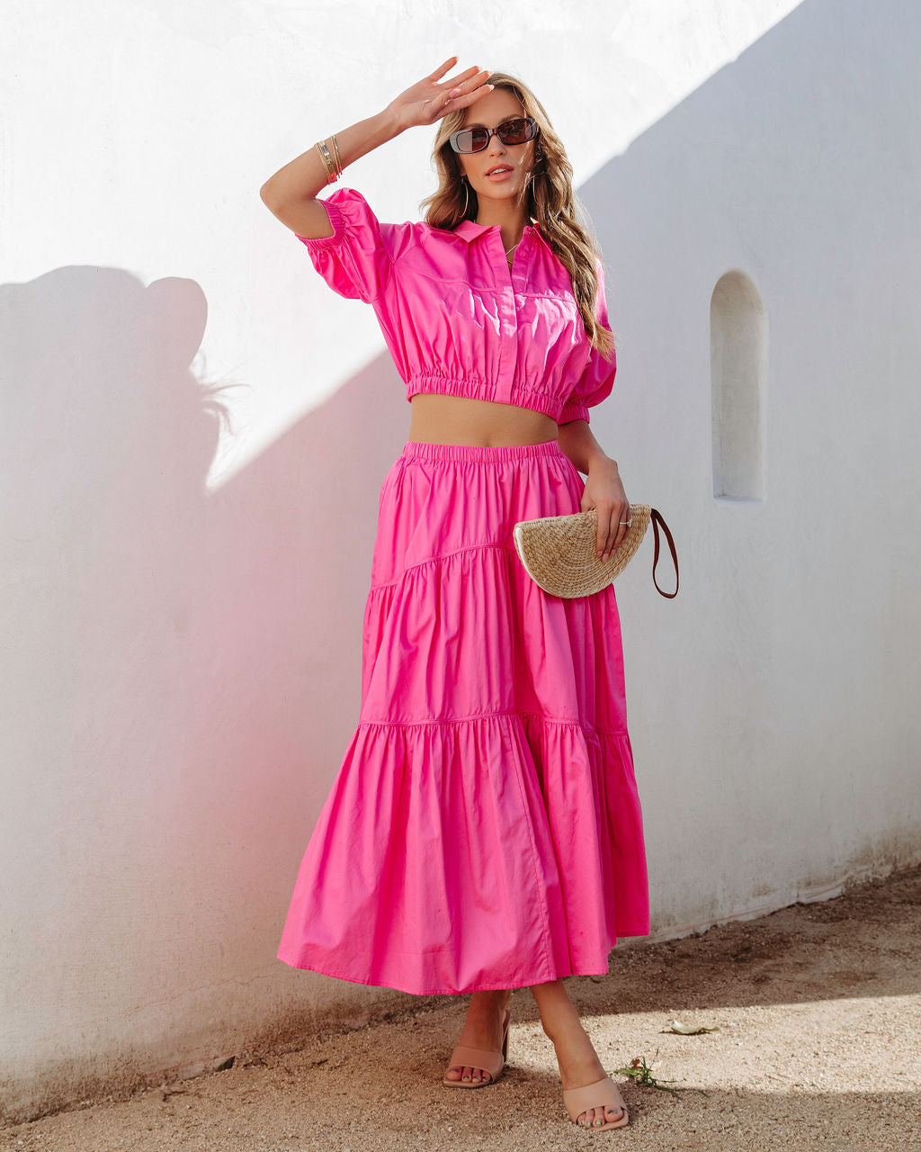 Sunny Meadow Tiered Midi Skirt - Hot Pink