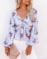 Sure Thing Floral Balloon Sleeve Twist Blouse - Blue