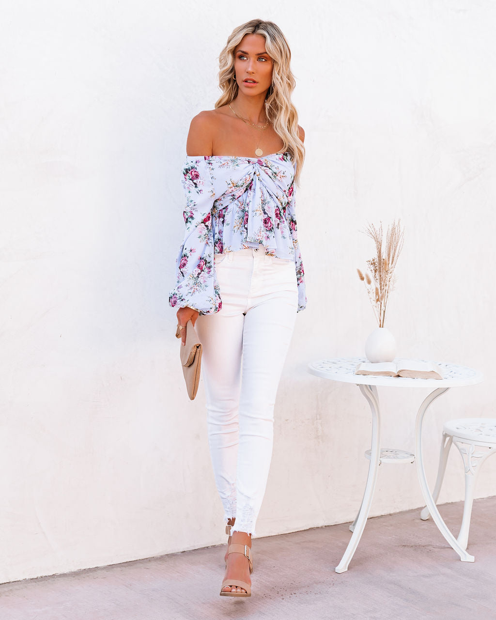 Sure Thing Floral Balloon Sleeve Twist Blouse - Blue