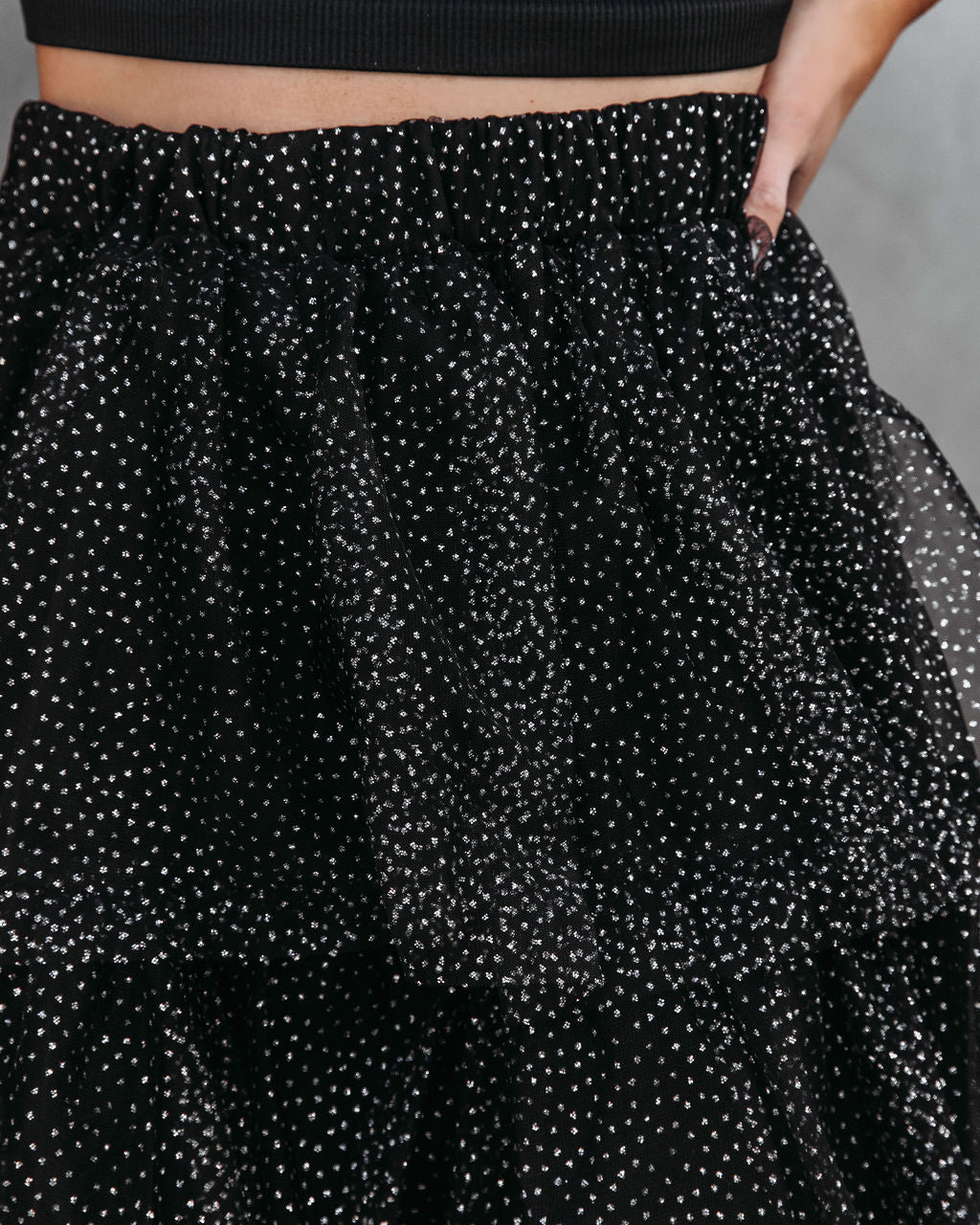 Swan Lake Tiered Shimmer Tulle Midi Skirt - Black