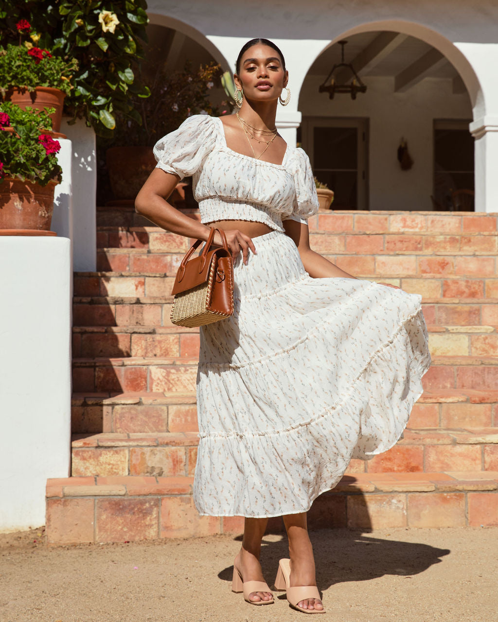 Sweet Life Floral Tiered Midi Skirt - Cream