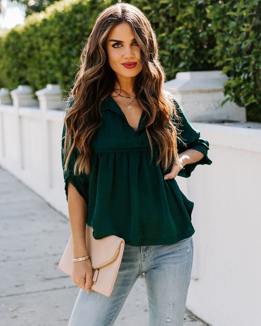 Tabitha Satin Babydoll Blouse - Hunter Green