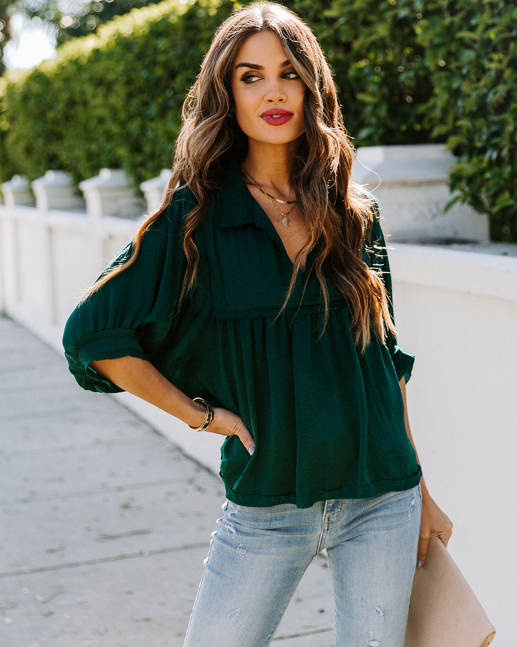 Tabitha Satin Babydoll Blouse - Hunter Green