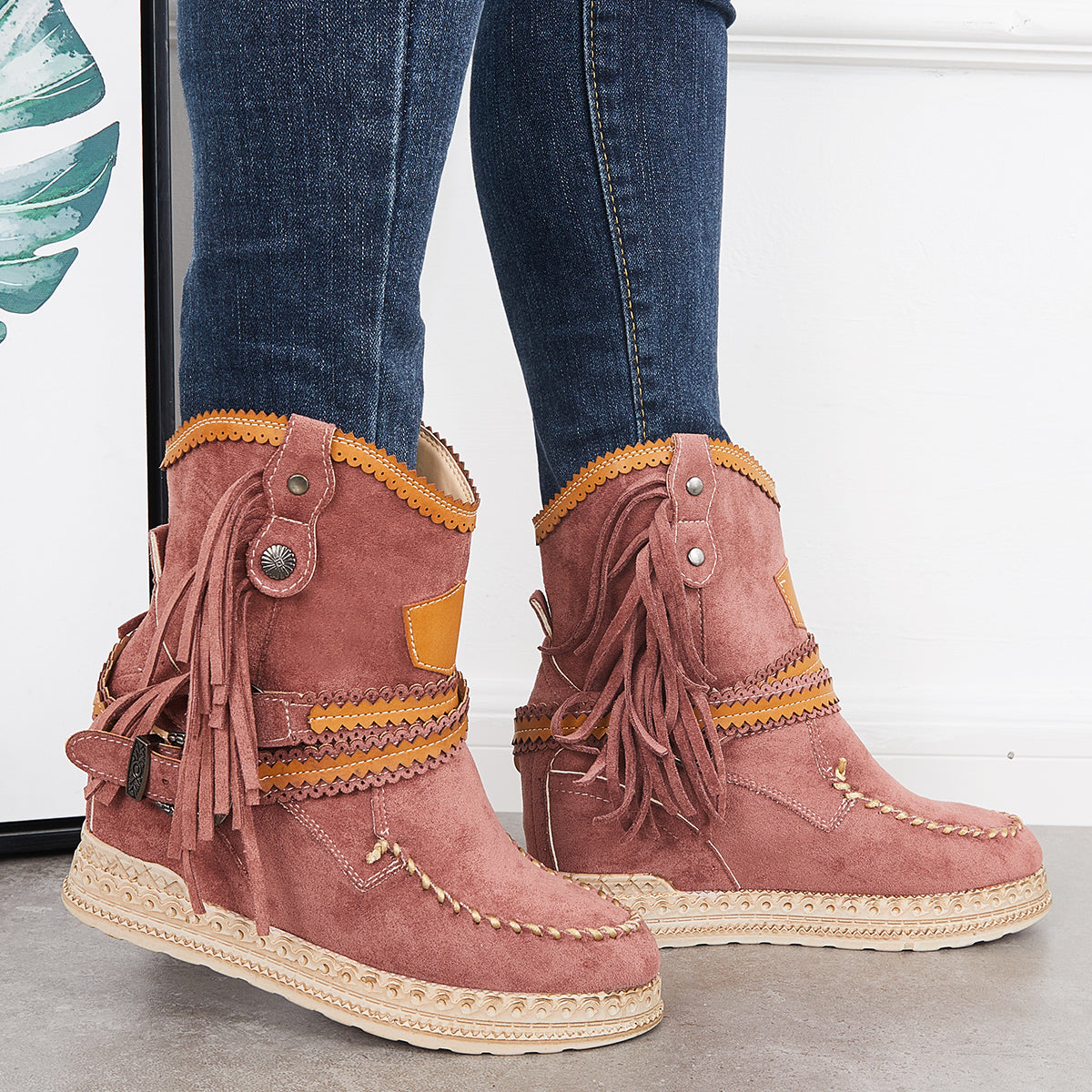 Tassel Cowboy Ankle Boots Stone Washed Wedge Heel Booties