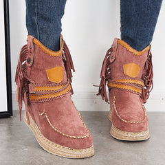 Tassel Cowboy Ankle Boots Stone Washed Wedge Heel Booties