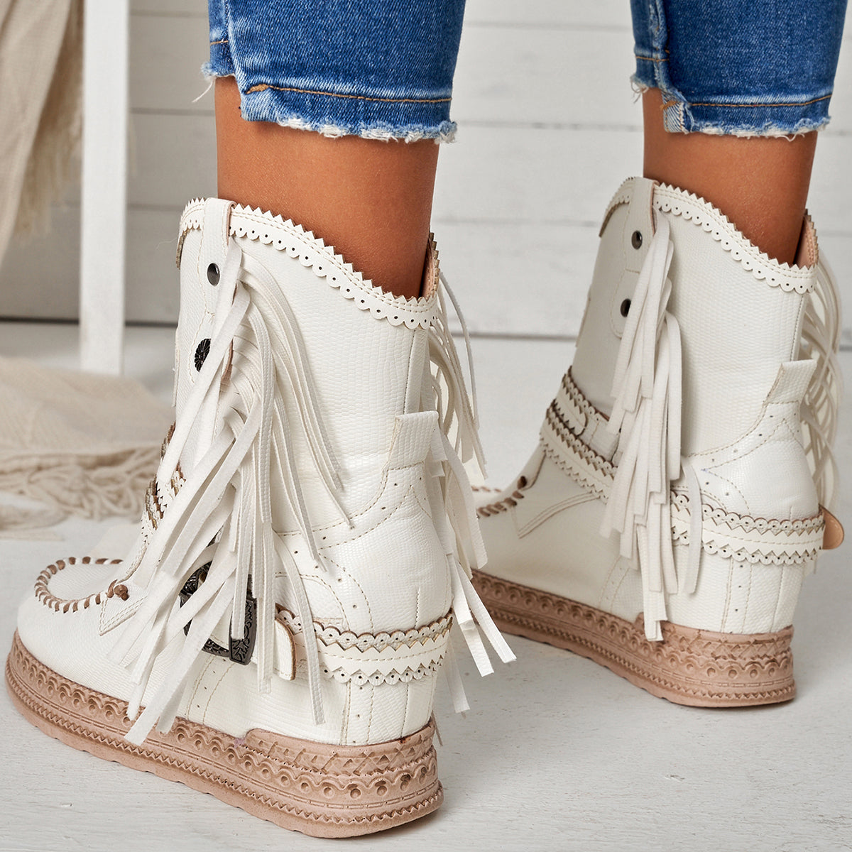 Tassel Cowboy Ankle Boots Stone Washed Wedge Heel Booties