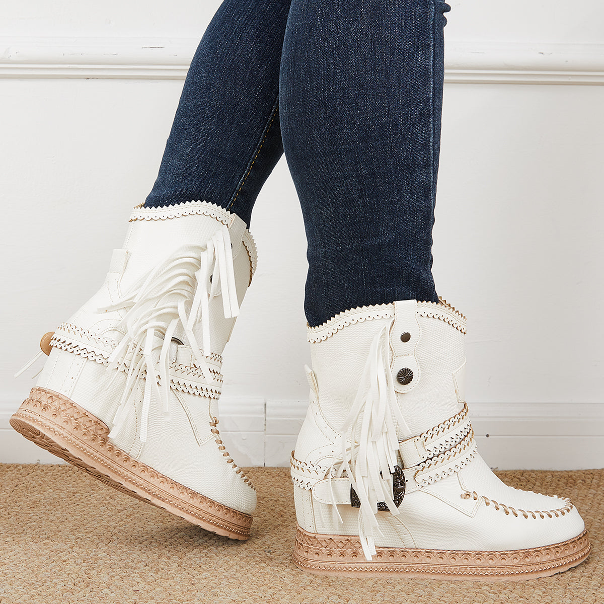 Tassel Cowboy Ankle Boots Stone Washed Wedge Heel Booties