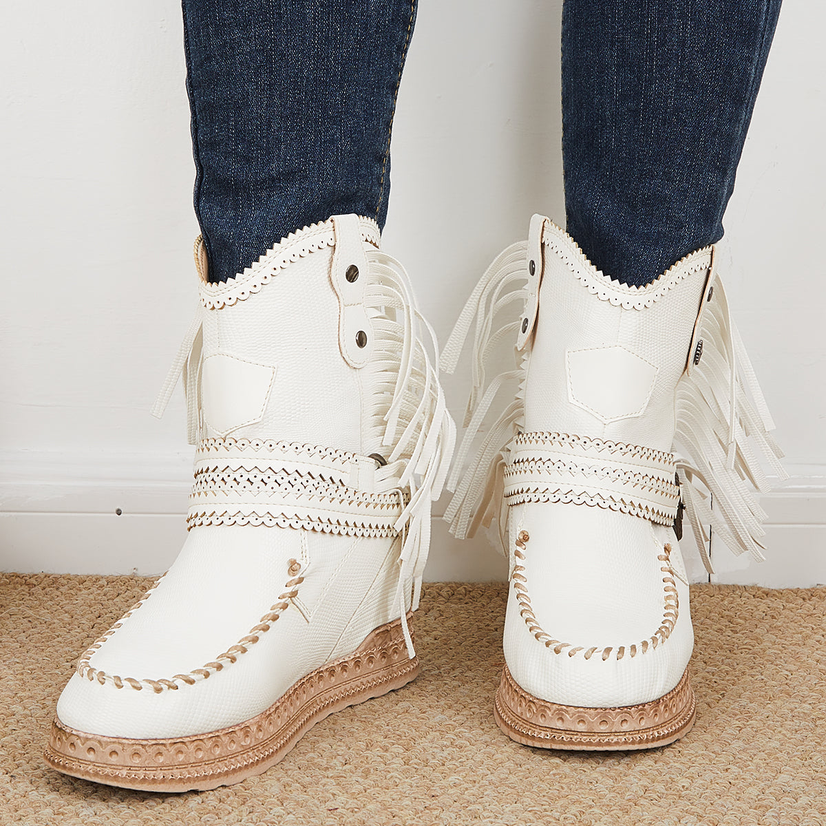 Tassel Cowboy Ankle Boots Stone Washed Wedge Heel Booties