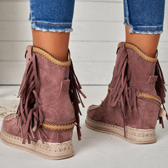 Tassel Cowboy Ankle Boots Stone Washed Wedge Heel Booties