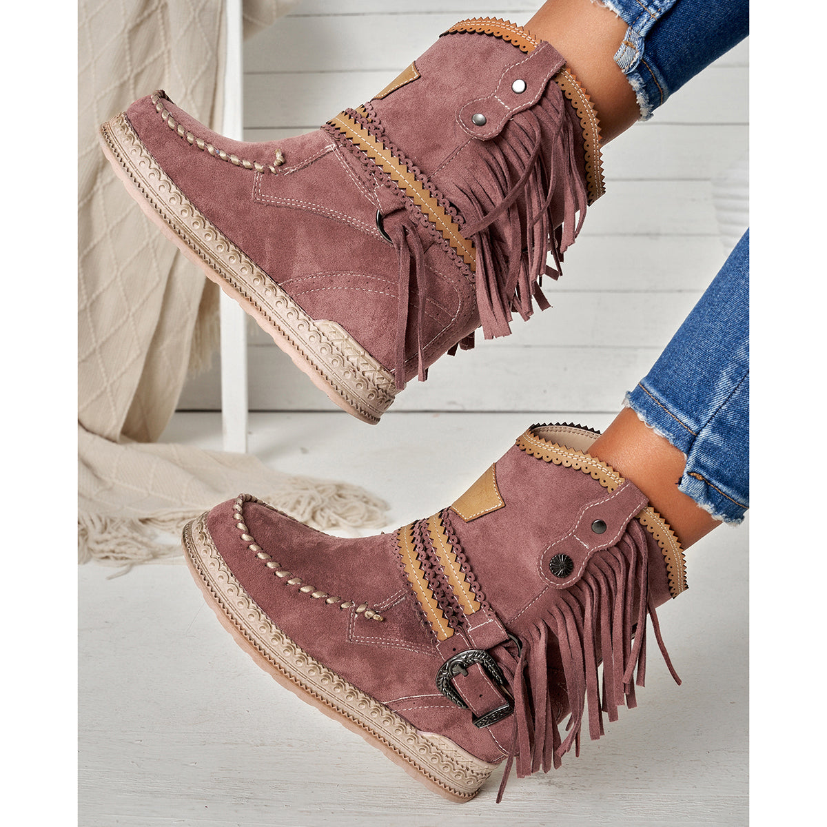 Tassel Cowboy Ankle Boots Stone Washed Wedge Heel Booties