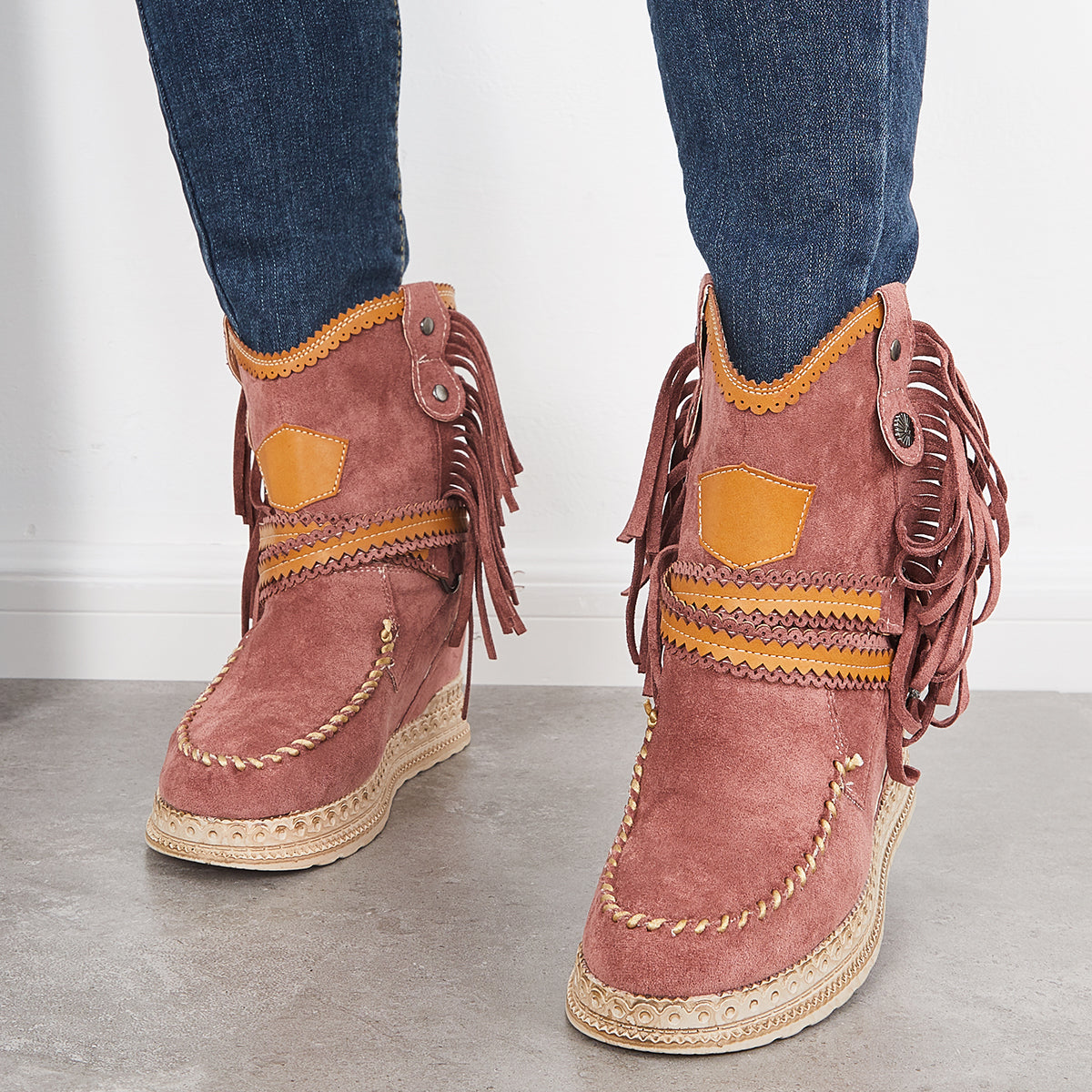 Tassel Cowboy Ankle Boots Stone Washed Wedge Heel Booties