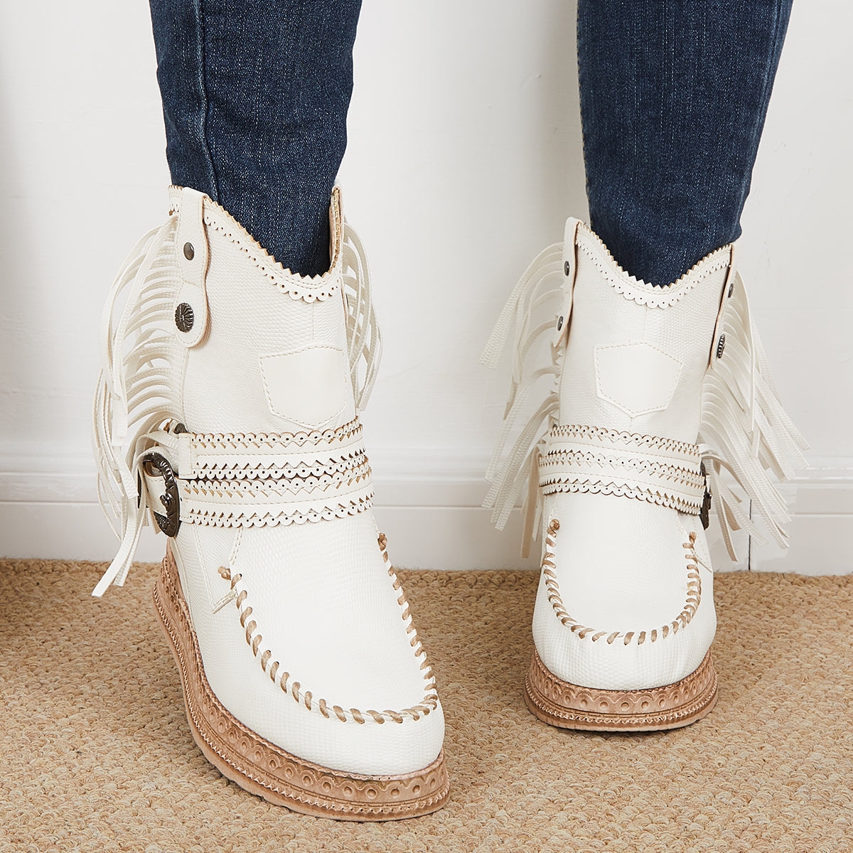 Tassel Cowboy Ankle Boots Stone Washed Wedge Heel Booties