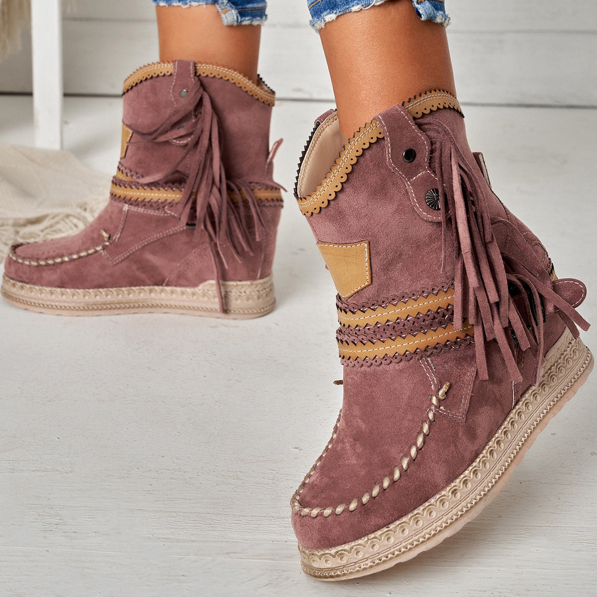 Tassel Cowboy Ankle Boots Stone Washed Wedge Heel Booties