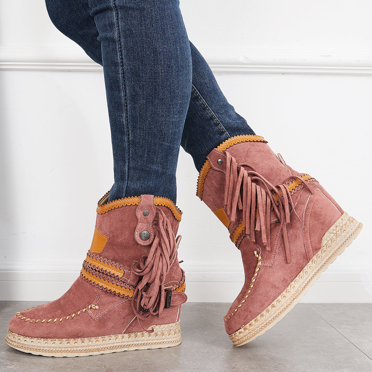 Tassel Cowboy Ankle Boots Stone Washed Wedge Heel Booties