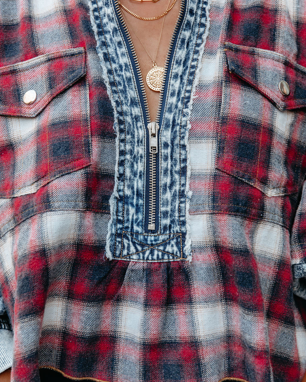 Thea Half Zip Acid Wash Plaid Top