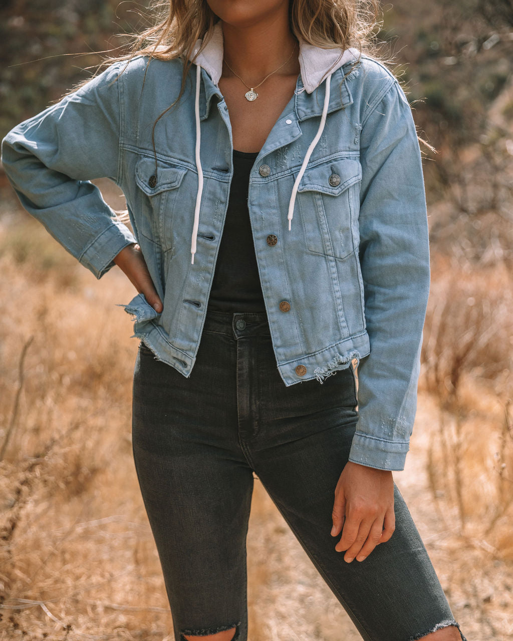 Throw It On Hooded Crop Denim Jacket