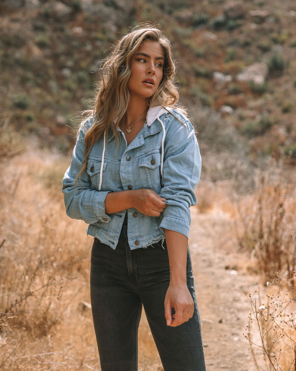 Throw It On Hooded Crop Denim Jacket