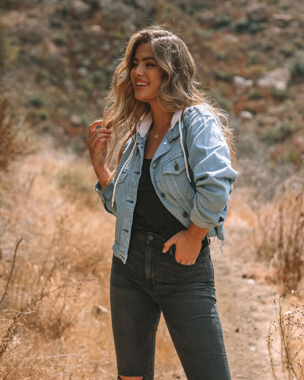 Throw It On Hooded Crop Denim Jacket