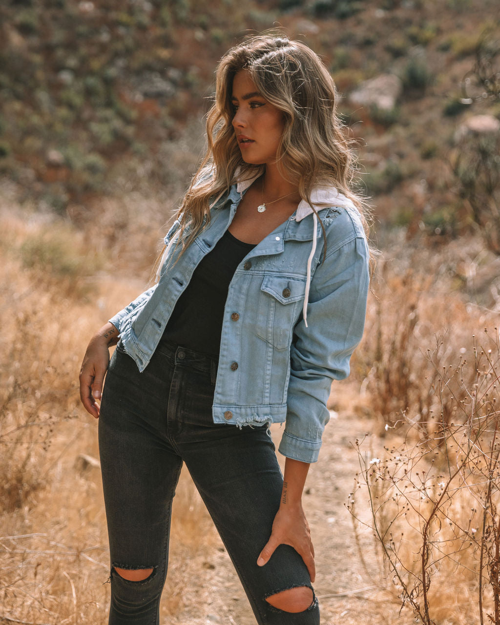 Throw It On Hooded Crop Denim Jacket