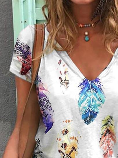 V-Neck Short Sleeve Feather Print Casual T-Shirt