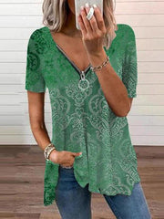 V-neck Zipper Pullover Print Short-sleeved Loose Top