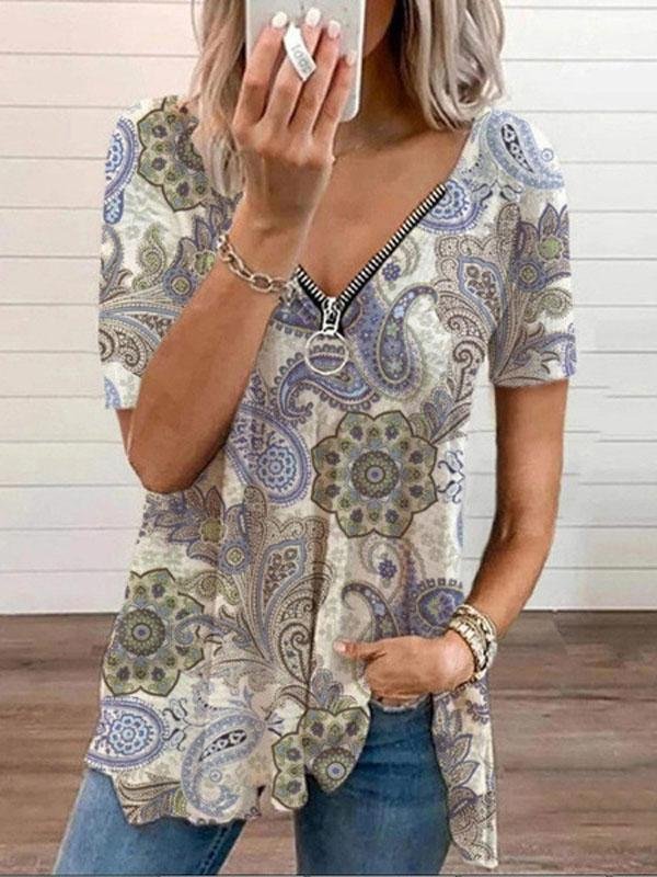 V-neck Zipper Pullover Print Short-sleeved Loose Top