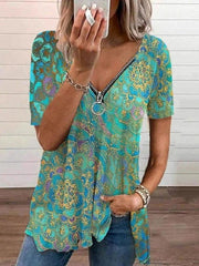 V-neck Zipper Pullover Print Short-sleeved Loose Top