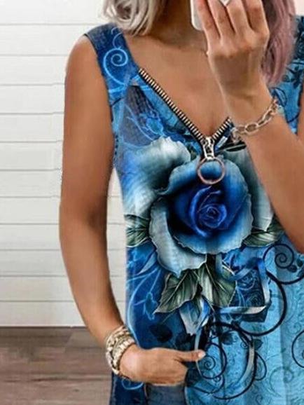 V-neck Zipper Rose Flower Print Casual Vest