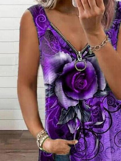 V-neck Zipper Rose Flower Print Casual Vest