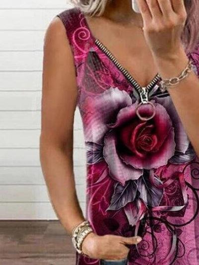 V-neck Zipper Rose Flower Print Casual Vest