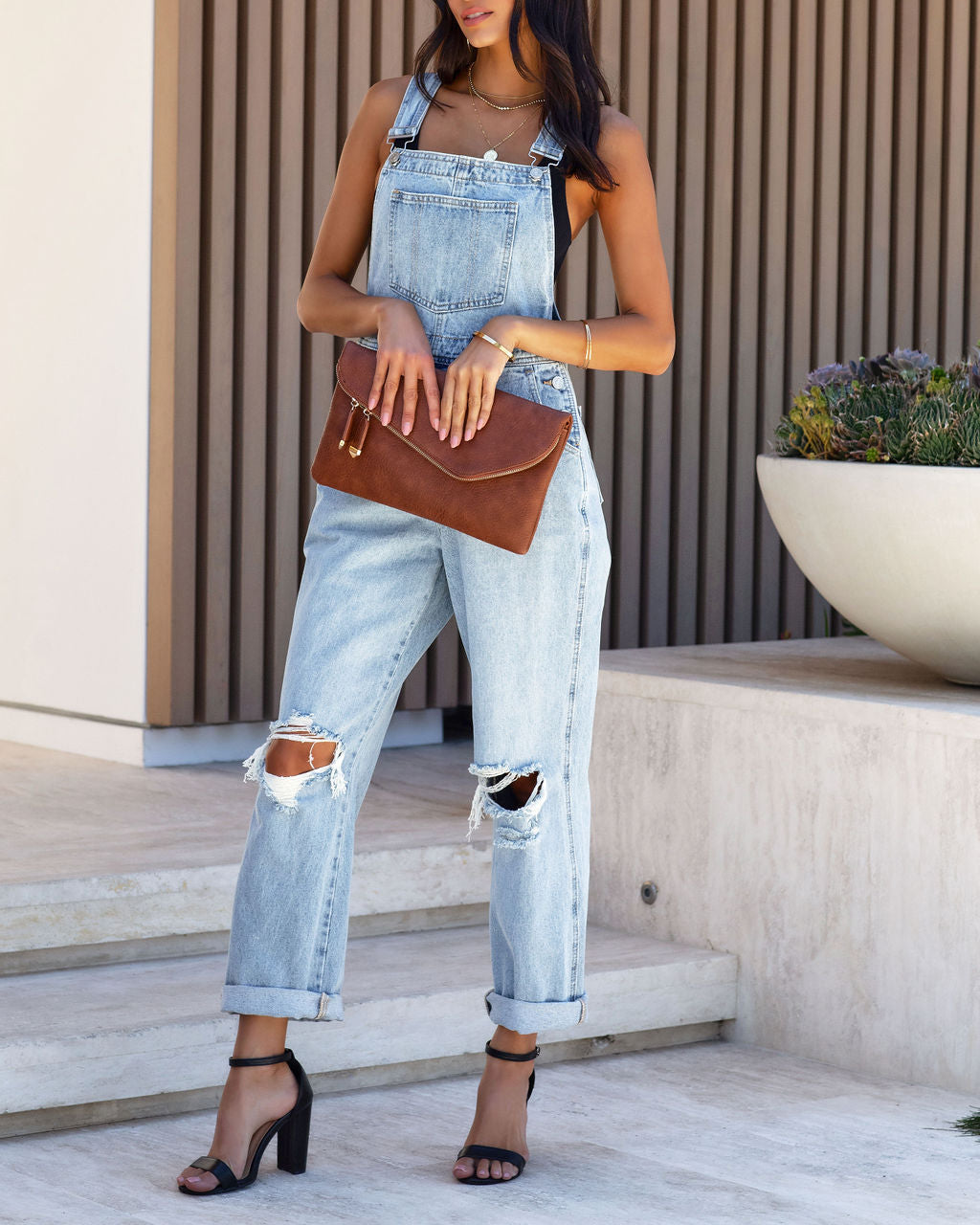 Vayda Distressed Denim Overalls