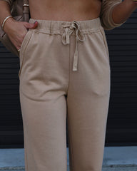 Vera Knit Pocketed Wide Leg Drawstring Pants - Tan