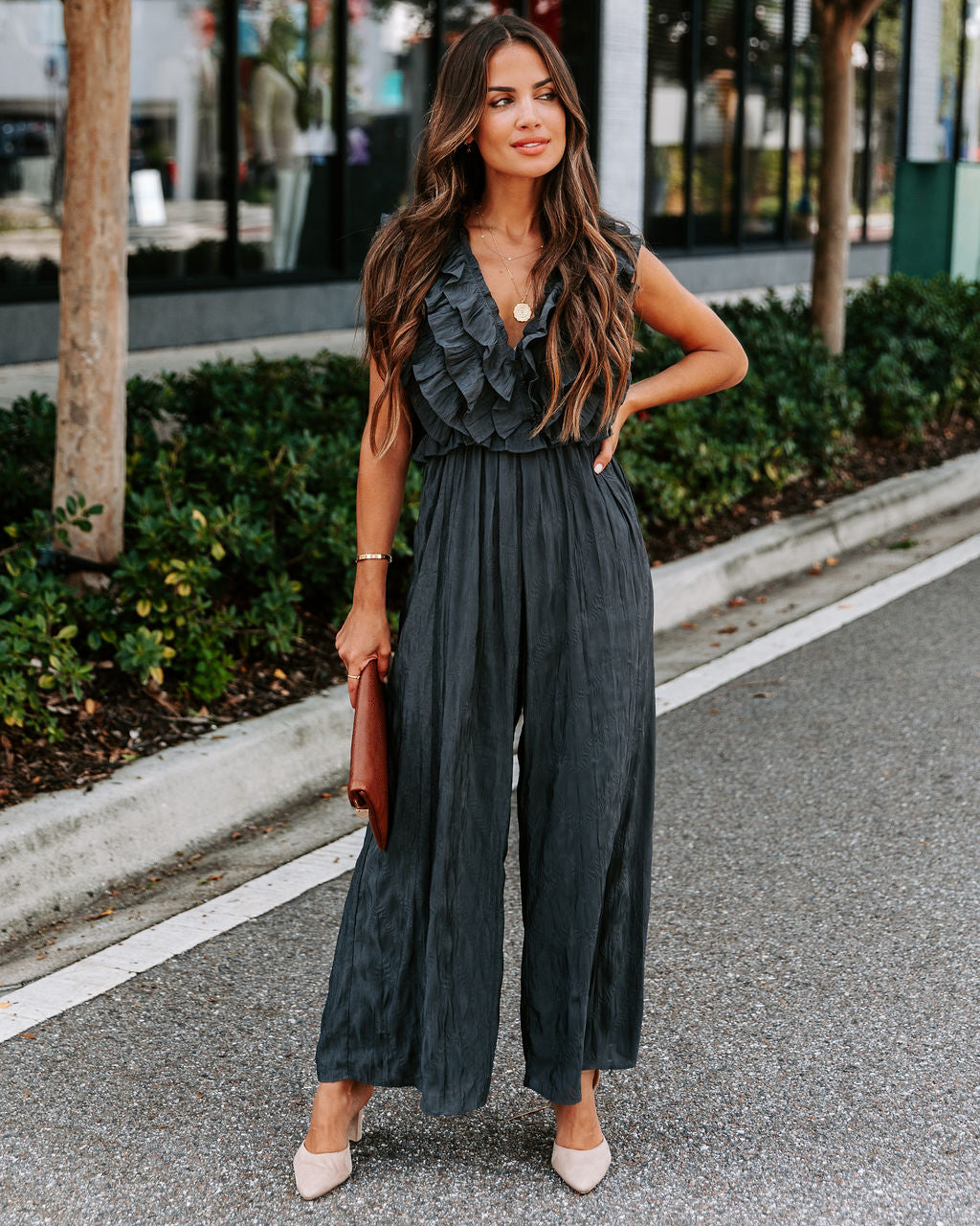 Veronica Ruffle Jumpsuit - Charcoal