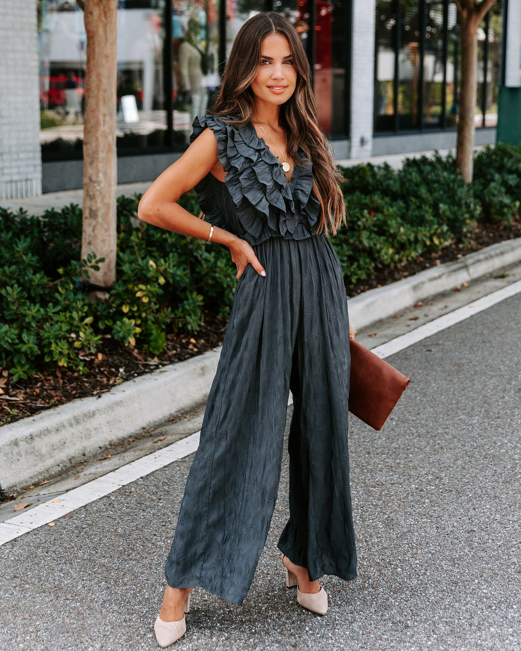 Veronica Ruffle Jumpsuit - Charcoal