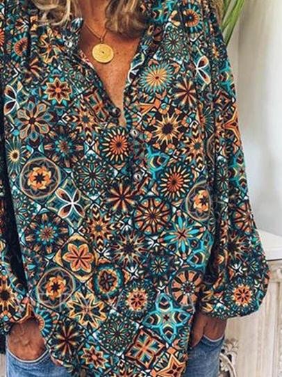 Vintage Print Long-sleeved Lapel Shirt