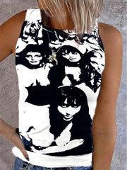 Vintage Print Sleeveless Casual Tank Tops