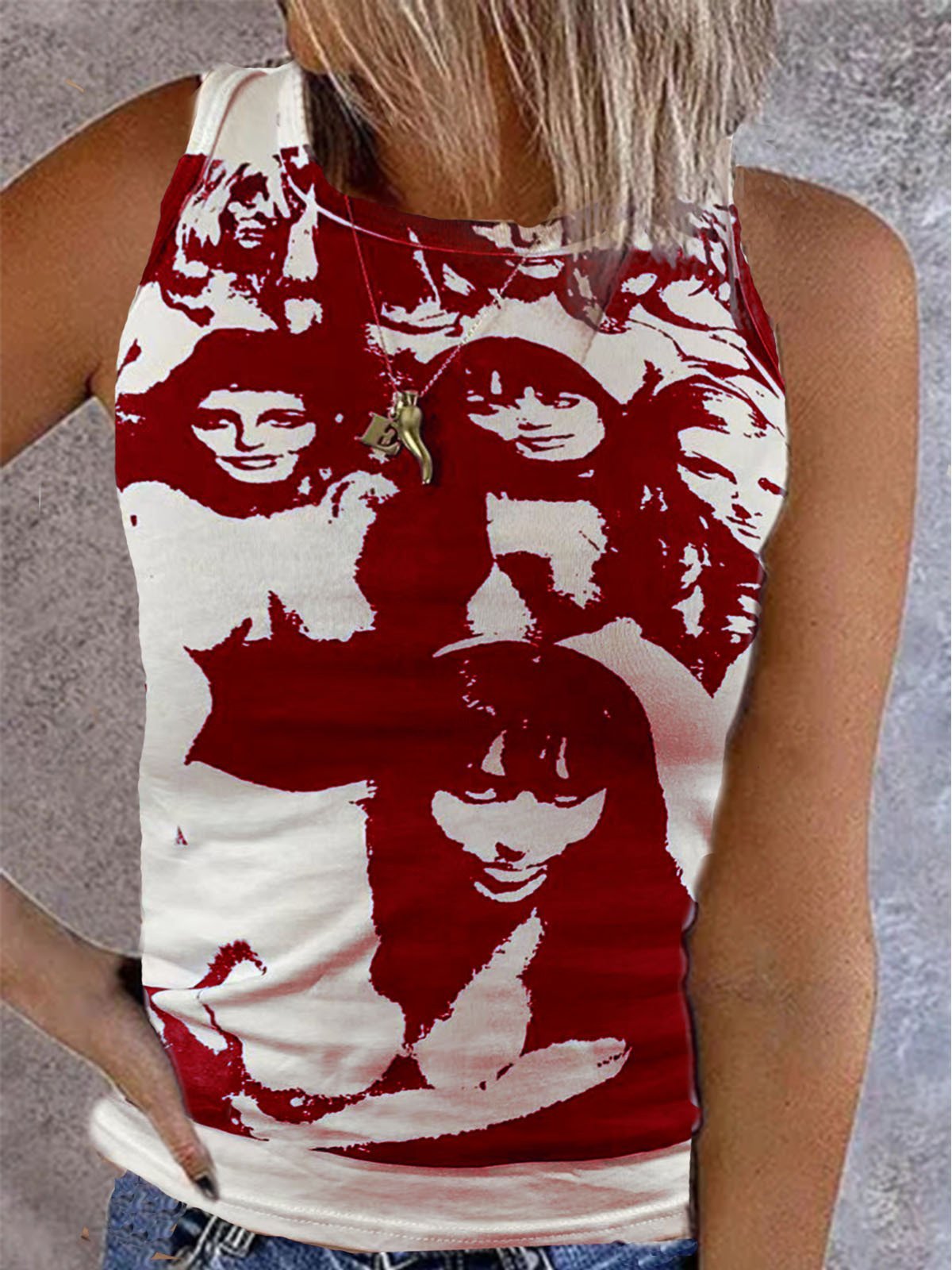 Vintage Print Sleeveless Casual Tank Tops