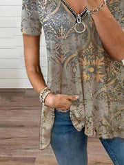 Vintage Printed Casual V-neck Zipper T-shirts