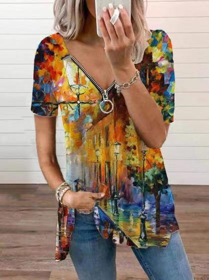 Vintage Printed Zipper V-neck Loose T-shirt