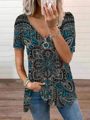 Vintage Printed Zipper V-neck Loose T-shirt