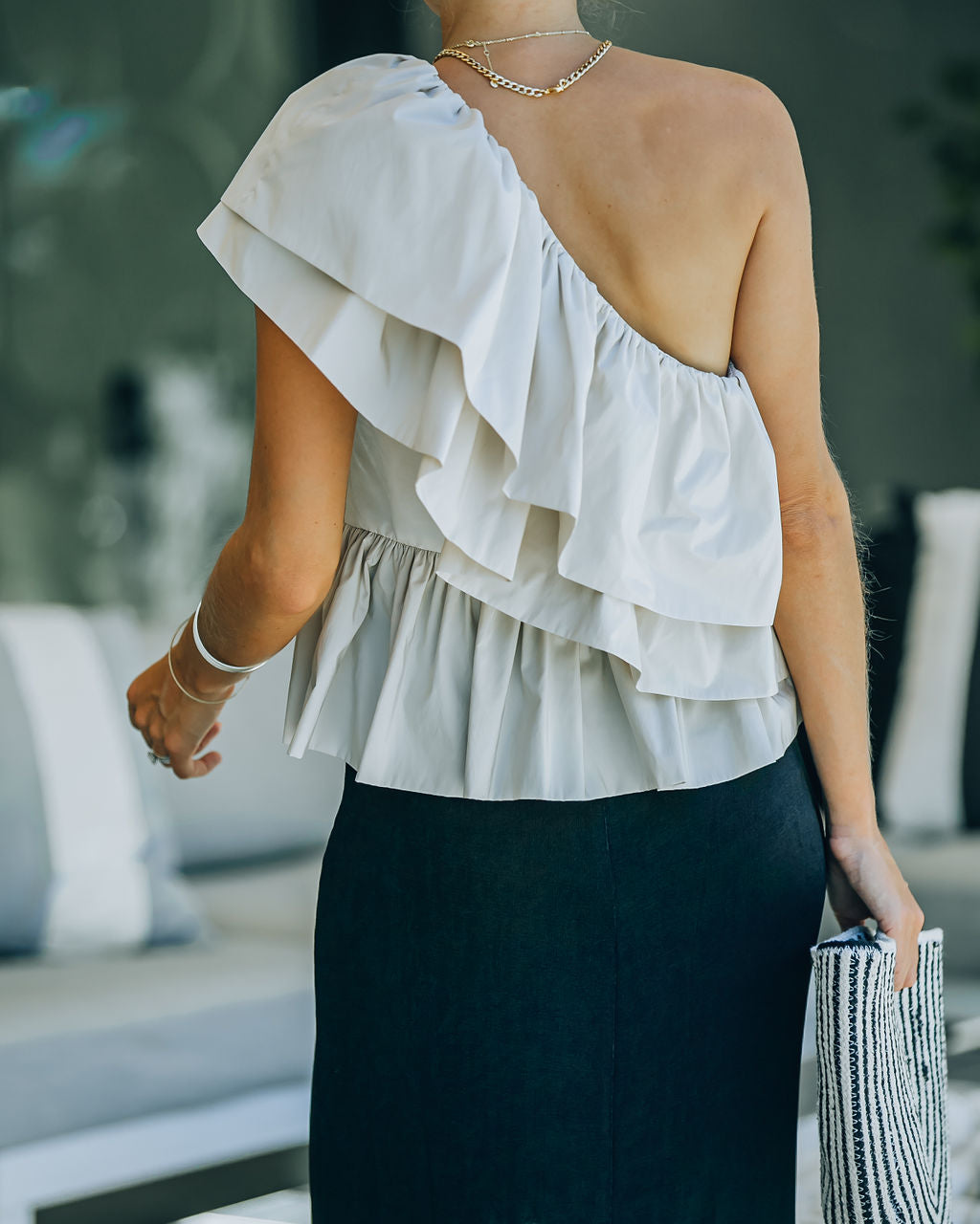 Wayne One Shoulder Ruffle Top - Beige