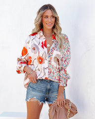 Wilhelmina Satin Mix Print Button Down Blouse