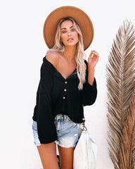 Windswept Relaxed Knit Henley Top - Black